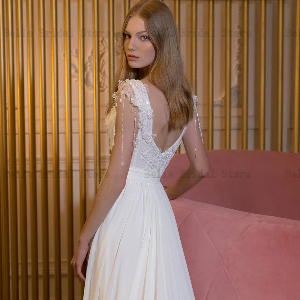 Eleganti abiti da sposa in chiffon a v maniche per cappuccio per collo da sposa perle per perle di zipper sweep treno a-line vestidos de nolia