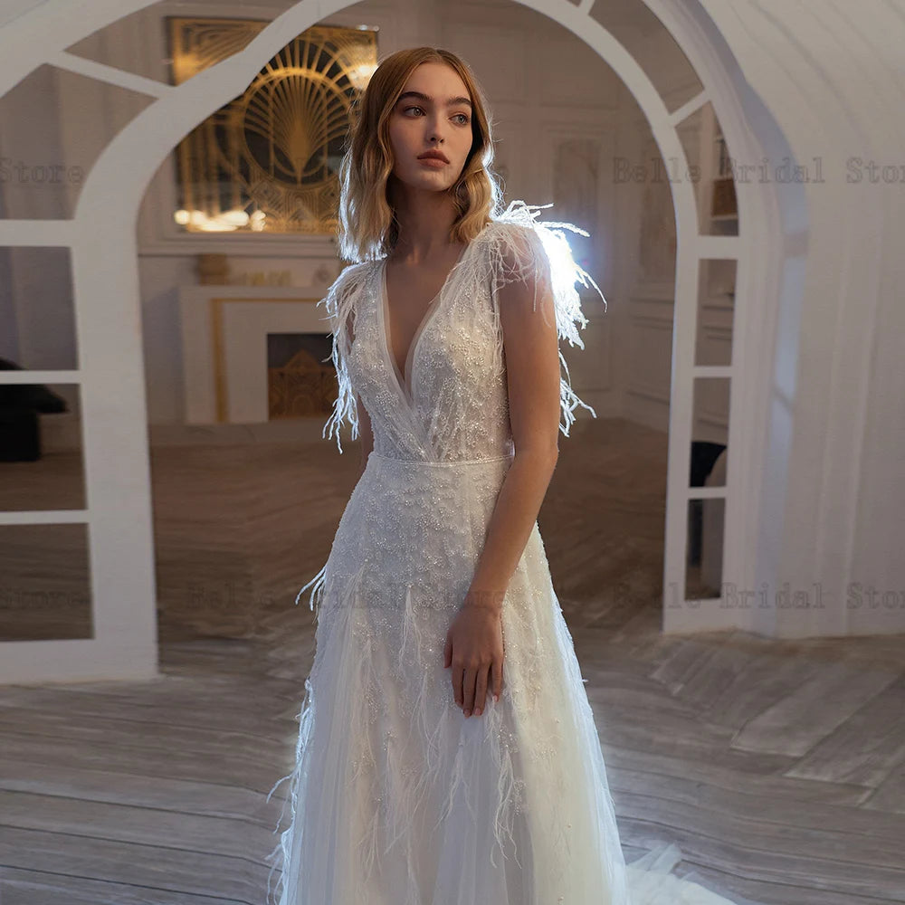 Exquisite Wedding Dresses V Neck Glitter Bridal Gowns Sequined Beads Feather Backless Sweep Train A-Line Tulle Vestidos De Novia