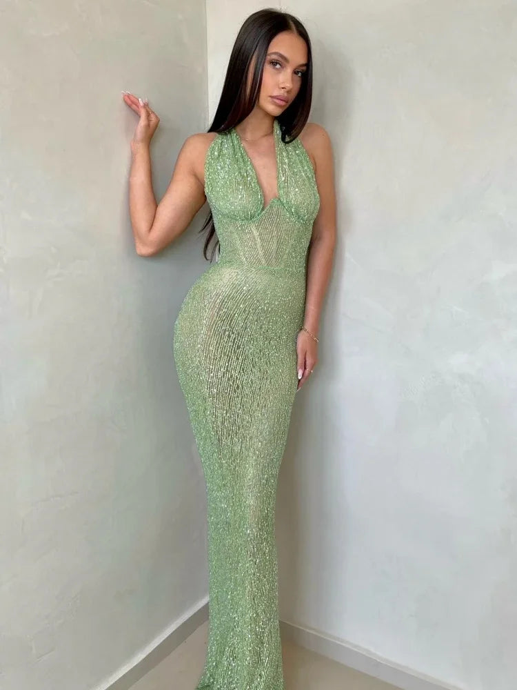 Sexy Halter Deep V Neck Sequins Maxi Dress Women Green Backless Sleeveless Sequined Slim Long Dresses Celebrity Party Gowns