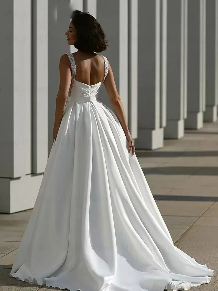 Msikoods Elegant Wedding Gowns Pearl Strap Sexy Side Split Bride Dresses Satin White Women Wedding Party Dress 2024 Bridal Gown