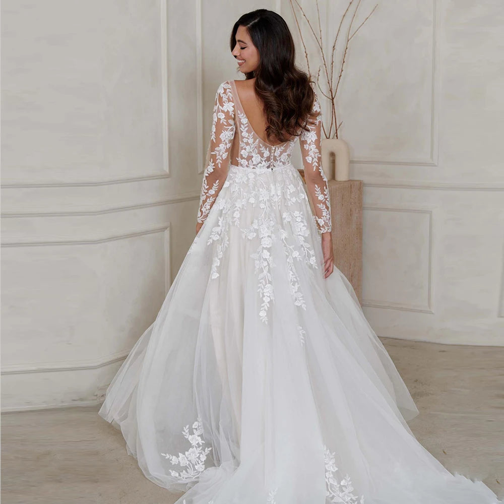 Gorgeous V-Neck Wedding Dresses for Women 3/4 Sleeves Bridal Growns with White White Flowers Vestidos De Novia Backless 2024