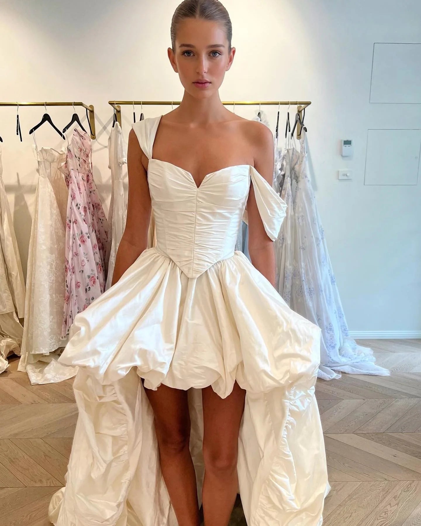 Toofgon Short Front Long Back Wedding Dresses For Bride Taffeta Sweetheart Pleats Off The Shoulder Princess Formal Bridal Gowns