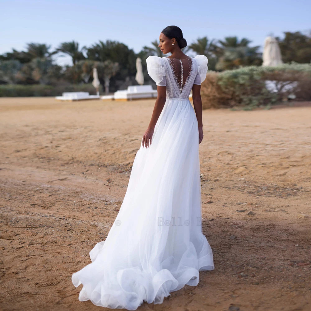 Simple abiti da sposa per le maniche a soffio a vccincia da sposa a V Cridal Growns perle per le perle del pavimento Tulle A-Line Vestidos de noni 2024