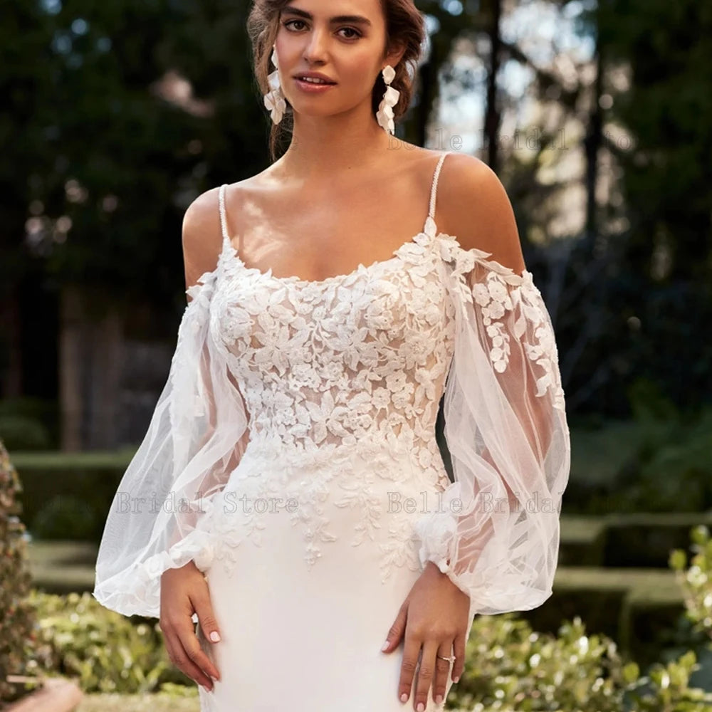 Pastrol Spaghetti Straps Wedding Dresses Long Sleeves Bridal Gowns Appliques Illusion Sweep Train Mermaid Vestidos De Novia