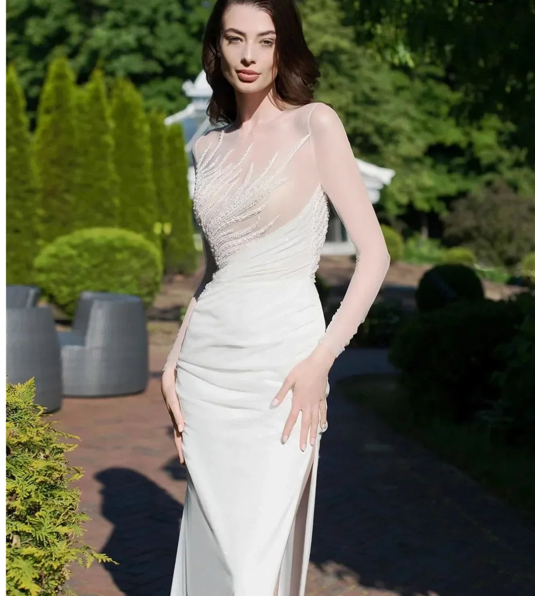 Elegant Luxury applique Wedding Dresses With Slit Sheath Pleated Floor Length Vestidos de Novia Romance Women's bridal dress