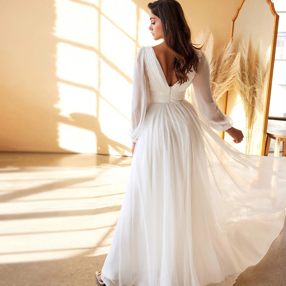 Robes de mariée blanches simples en V pour femmes Garnières à manches longues avec vestidos de longueur de sol de Novia Backless 2024