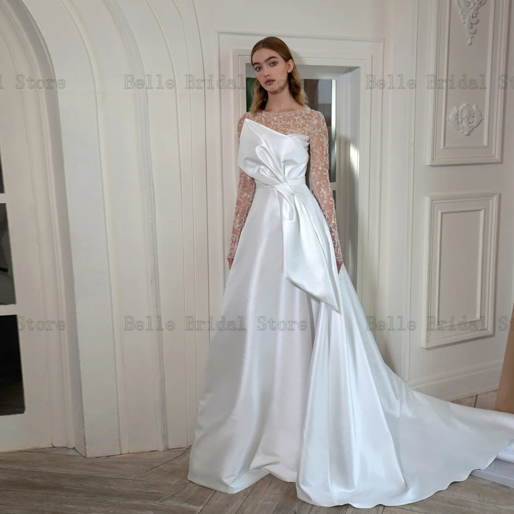 Glitter Wedding Dresses Jewel Neck Long Sleeves Sexy Bridal Gowns Beads High Slit Sweep Train A-Line Satin Vestidos De Novia