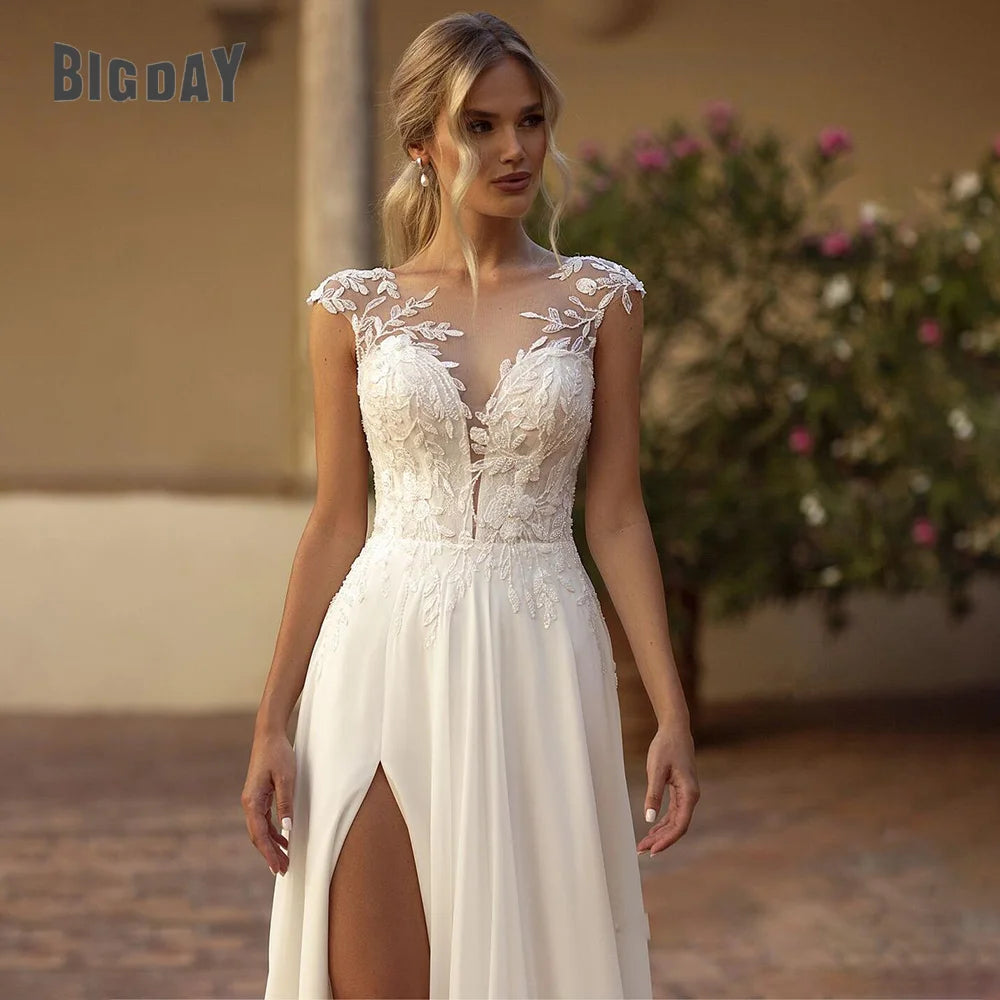 Vestido de noiva elegante de renda Boho 2024 Chiffon O-pescoço ilusão Back Beach Split Aplique Bridal Party Vestedos de Nova