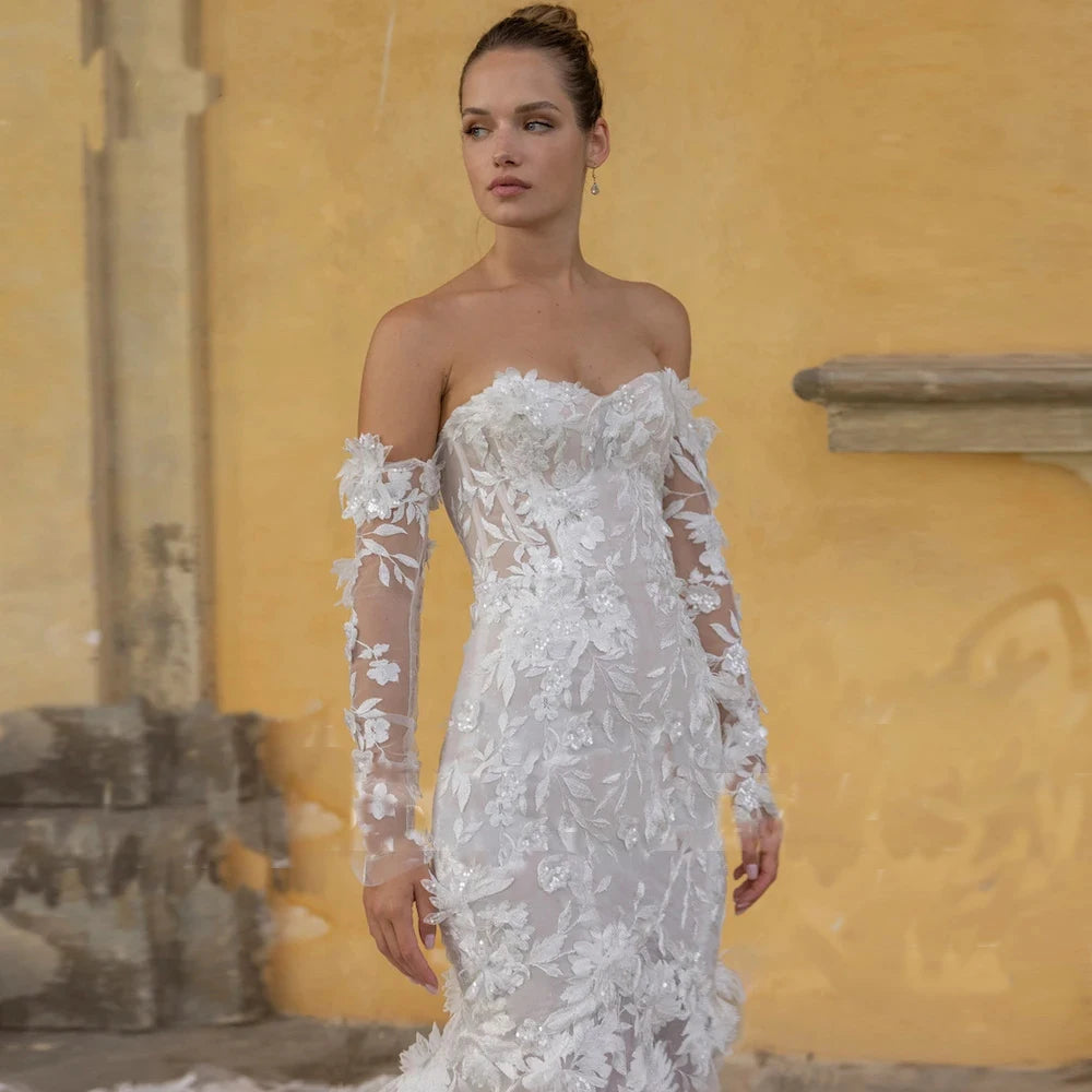 Merma de la sirenita/trompeta del vestido de novia de la sirena de la novia Flores de manga larga sin tirantes Appliques