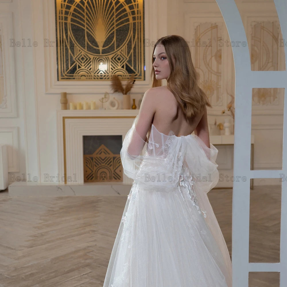 Sexy Sweetheart Neck Wedding Dresses Off the Shoulder Bridal Gowns Pearls Appliques Sweep Train A-Line Tulle Robe De Mariee 2023