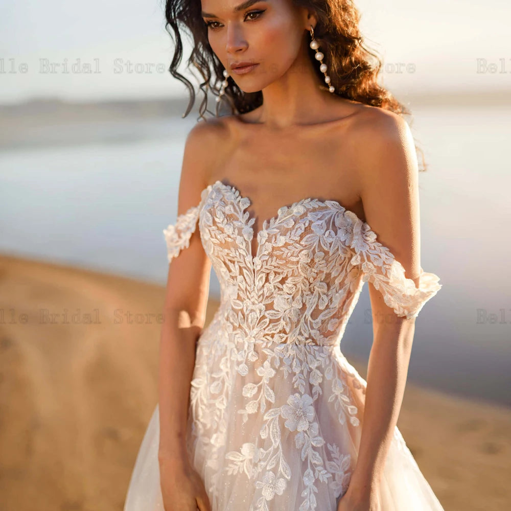 Sexy Wedding Dresses for Bride Sweetheart Neck Sleeveless Bridal Growns Appliques Floor Length Tulle A-Line Vestidos De Novia