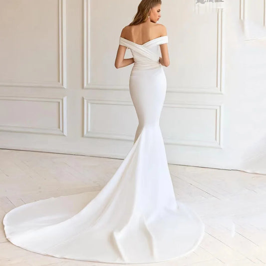 Elegant V-Neck Mermaid Wedding Dresses Off The Shoulder Backless Satin Bridal Gowns For Women  Vestidos De Novia
