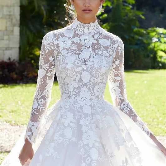 Luxus Hochzeitskleid High Neck Lace Appliques Long Sleeves Brautkleid Illusion Button Ballkleid Bodenlang Vestidos De Novia
