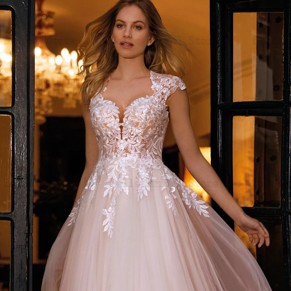 Classic Wedding Dresses Sweetheart Neck Cap Sleeves Bridal Gowns Appliques Back Button Floor Length Tulle Vestidos De Novia 2024