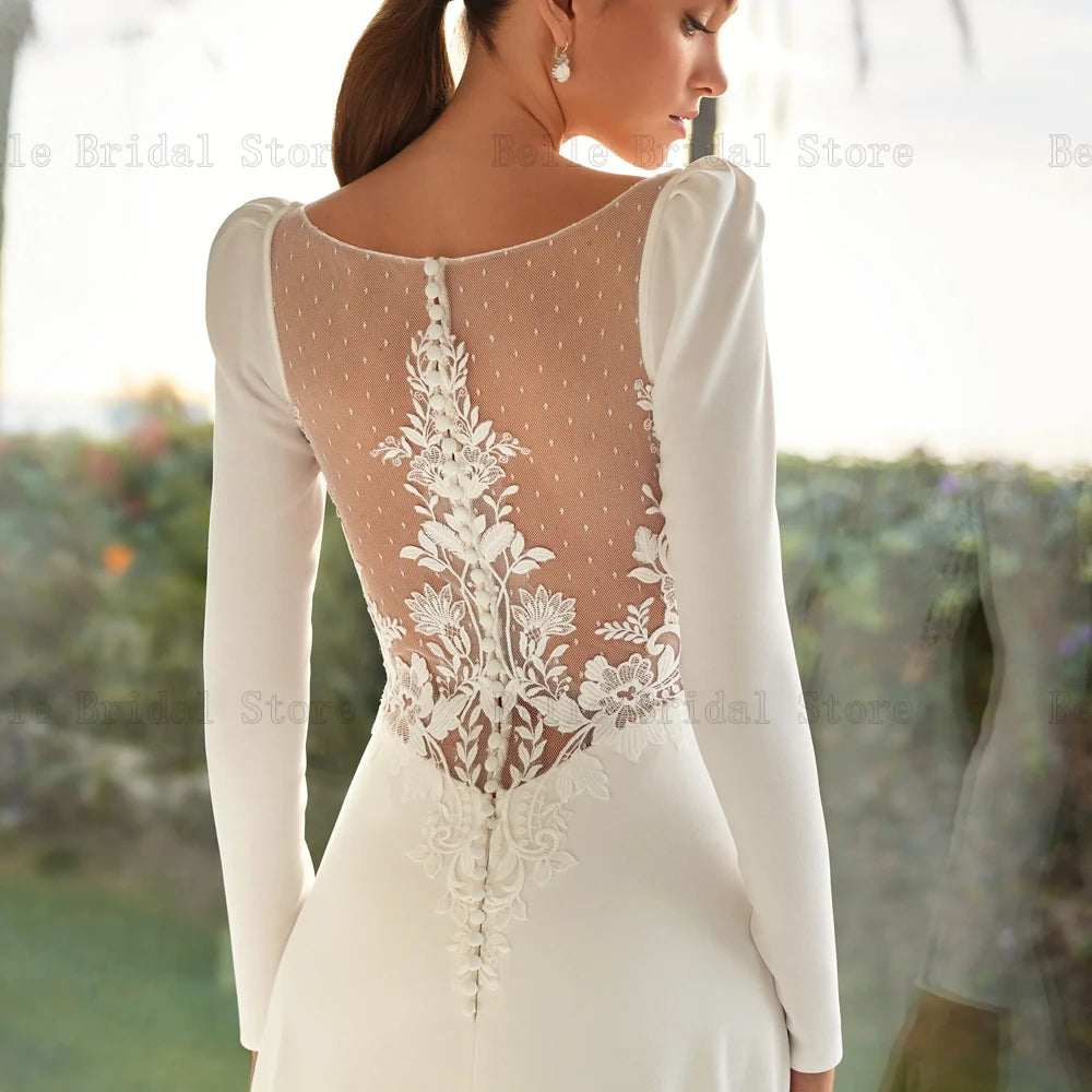 Elegante Brautkleider Jewel Neck Lange Ärmel Brautkleider Applikationen Zurück Knopf Bodenlangen Meerjungfrau Vestidos De Novia 2024