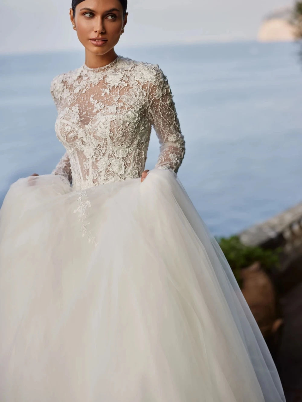 Modest High Collar Long Sleeve Wedding Dress Sparkly Sequins Appliques Bride Robe Elegant A-line Long Bridal Gown Robe De Mariée