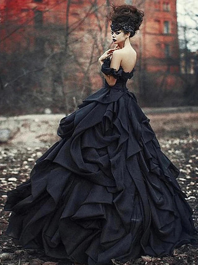 Black Gothic Garden Wedding Dresses 2022 Plus Size Off Shoulder Cascading Ruffles Lace-up Corset Lace Bridal Dress Mariage