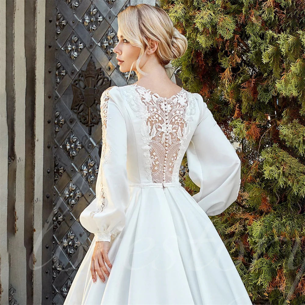 Eine Linie Prinzessin Hochzeitskleid Full Puffärmel Satin Falten Brautkleider für Frauen Spitzen Applikat Braut Kleid Vestido de Noiva