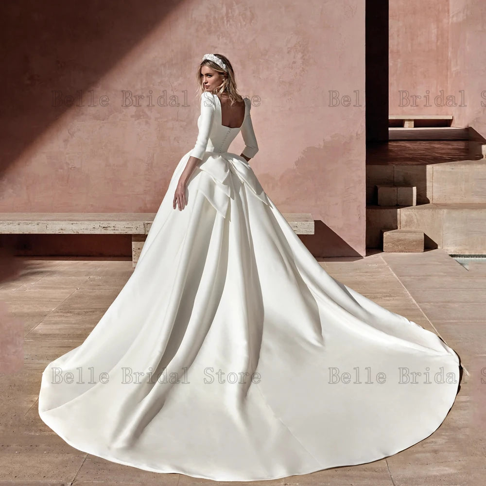 Princess A-Line Wedding Dresses Neck Square Neck 3/4 Manga Elegante vestidos de noiva