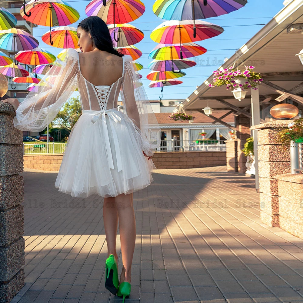 Sexy Vestidos de novia cortos Cuello, Cuello, Mangas de hojaldre, ilusión Tulle Boinks Bows sobre la longitud de la rodilla A-Line Robe de Mariee