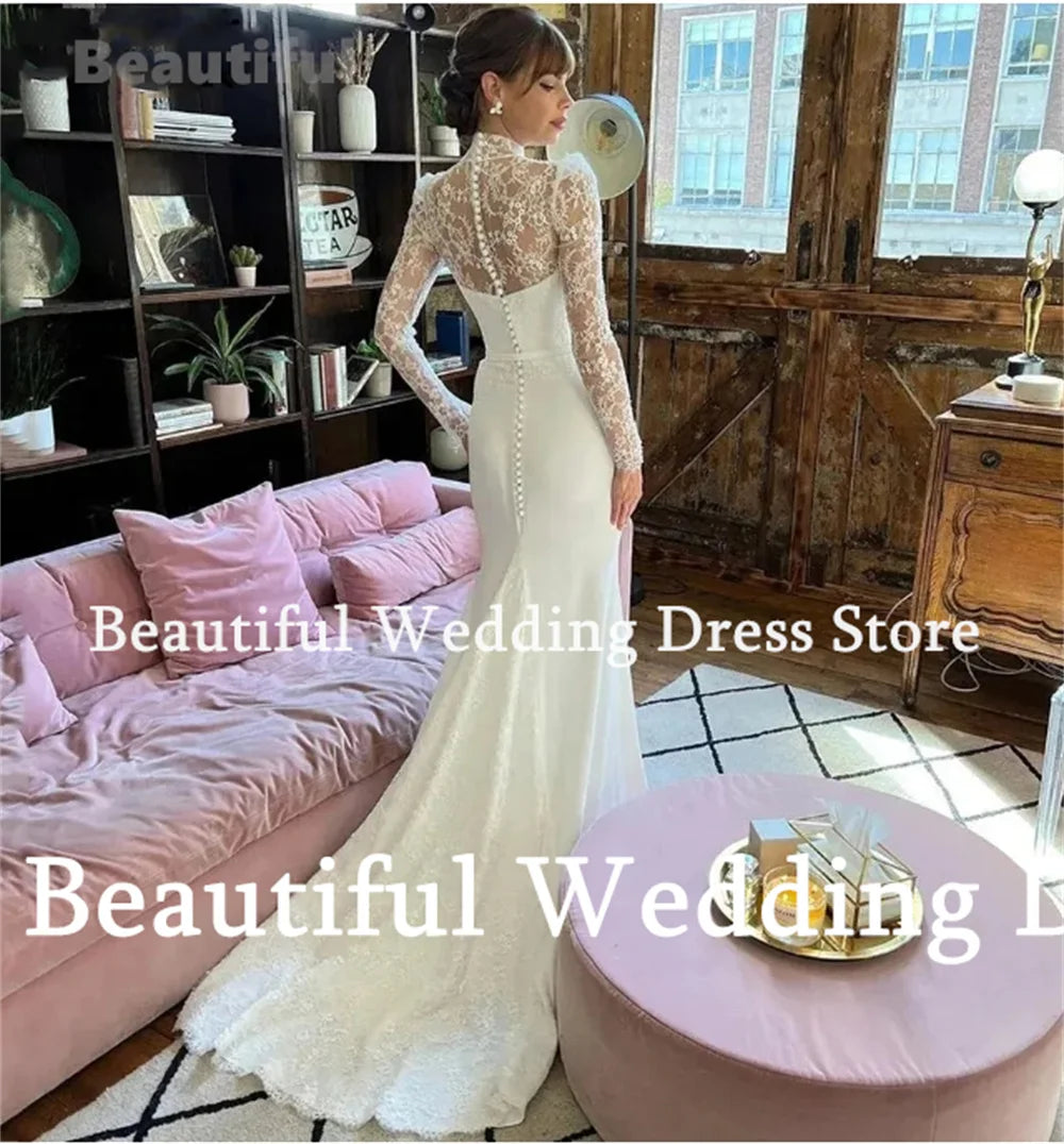 Wedding Dress For Women Lace High Neck Long Sleeves Mermaid Satin Slimming Vestidos de novia 2024 Floor-Length Bridal Gown