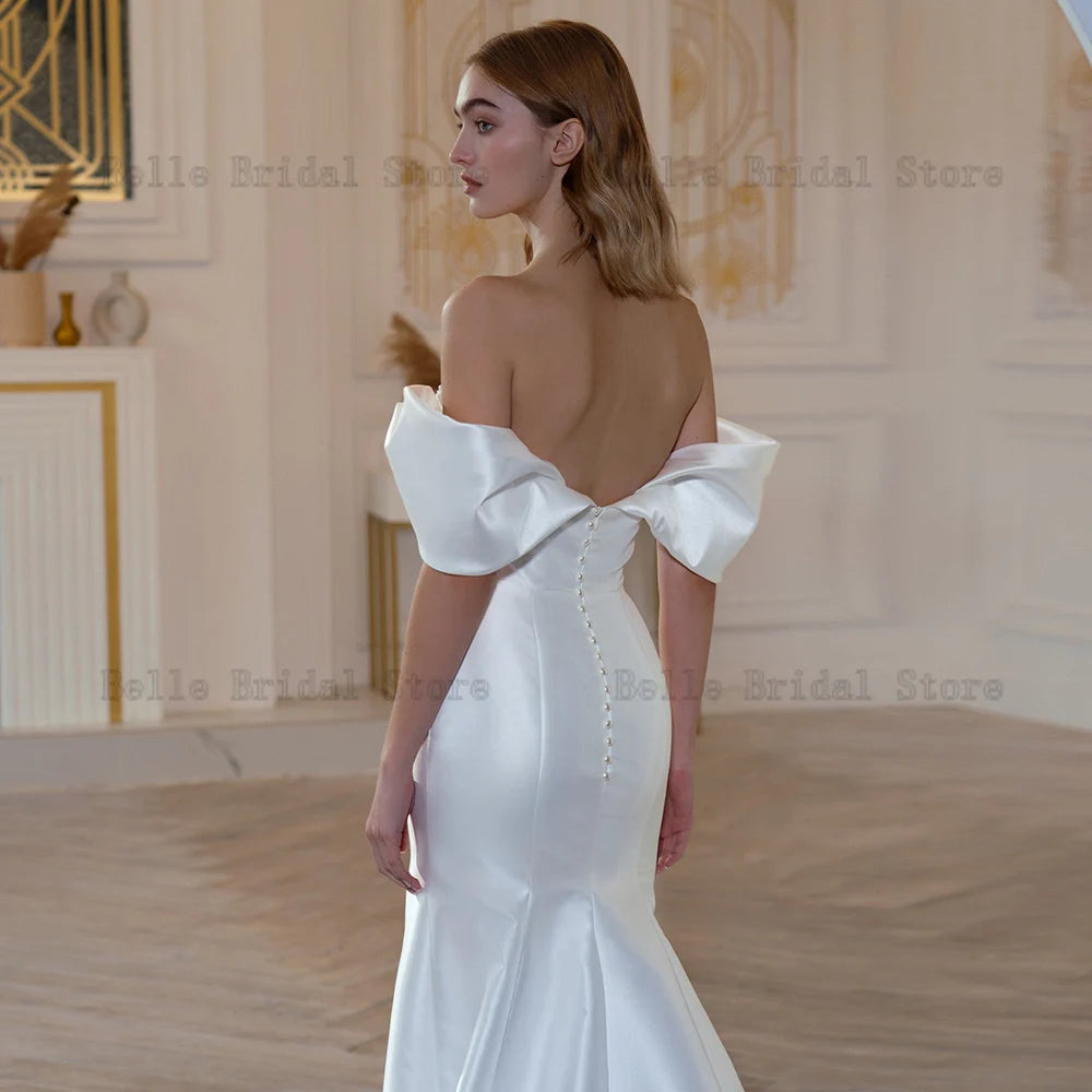 Elegant Off Shoulder Wedding Dresses Sweetheart Neck Bridal Gowns Beads Pleat Sweep Train Mermaid Satin Vestidos De Novia 2023