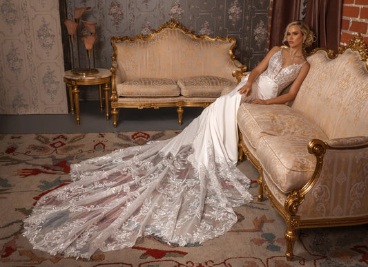 Hochzeitskleid Meerjungfrau Kleid Illusion Spitze Mieder Schatz Spaghetti Träger Knöpfe Bodenlang Kathedrale Royal Schleppe