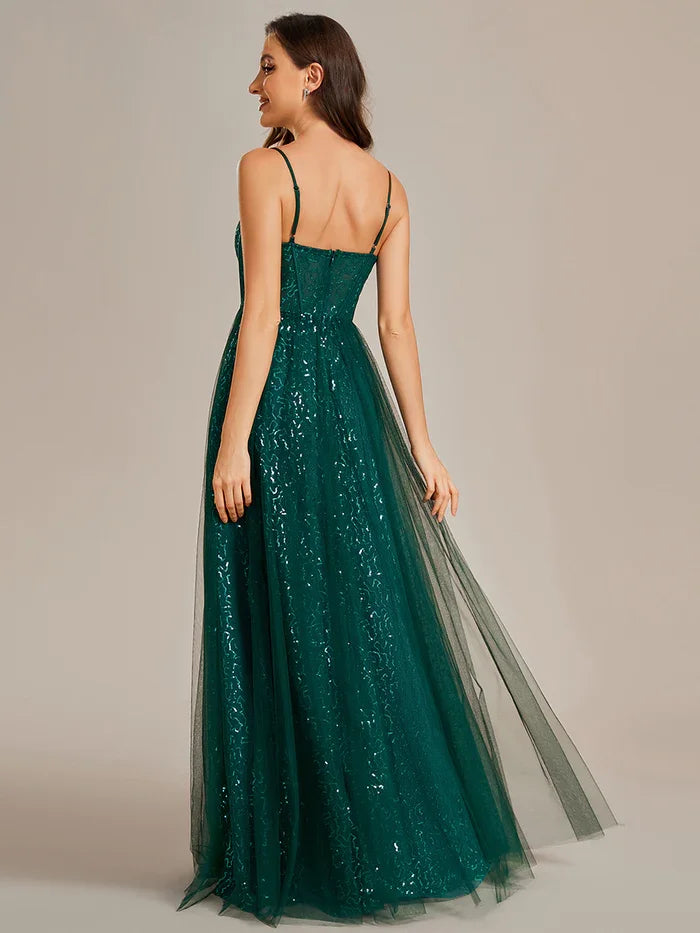 Exquisite Empire Waist Sequin Shiny A-Line Floor Length Sweetheart Neckline Spaghetti Straps Tulle Cover Evening Dress