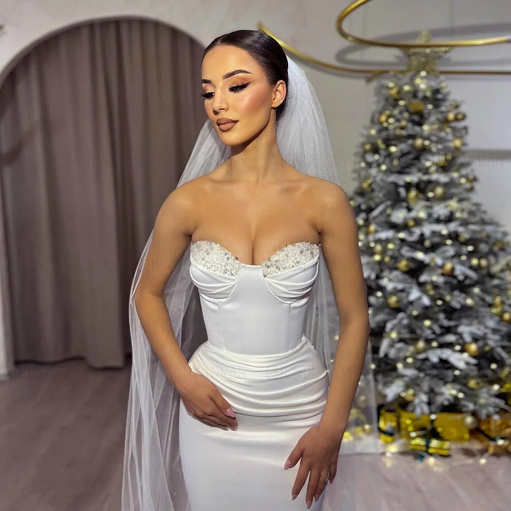 Mermaid trägerloser Brautkleider Schatz Flecken Lange Hochzeitsbrautkleid Schnürsatinkleid für Wome 2024 Vestidos de Novia