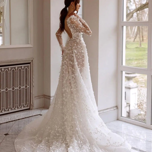 Boho Hochzeitskleid 3D zarte handgestickte Spitzen Blätter Sexy V-Ausschnitt Brautkleider Braut Abendparty