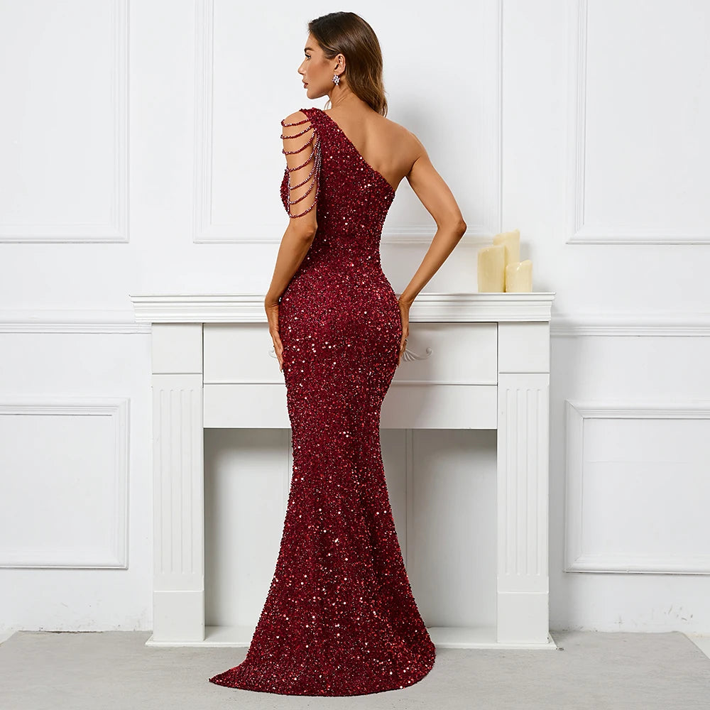 Sexy Slit Burgundy Sequin Dress Women One Shoulder Beading Long Evening Dress Party Maxi Dress