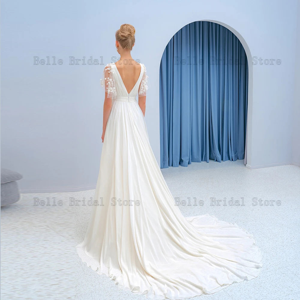 Elegante Chiffon-Hochzeitskleider für Frauen 2023 V-Ausschnitt Kurze Ärmel Brautkleider Applikationen Hoher Schlitz A-Linie Vestidos De Novia