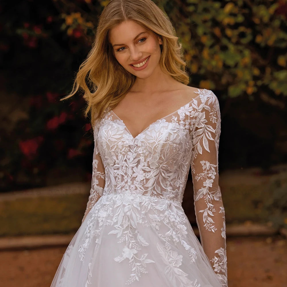 Elegant A-Line Wedding Dresses V Neck Long Sleeves Bridal Gowns Applique Back Button Floor Length Tulle Vestidos De Novia 2024