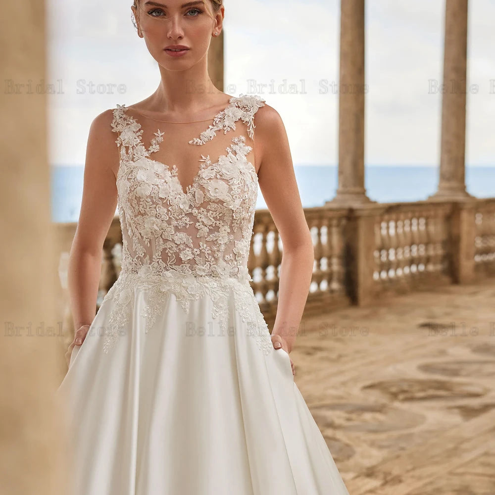 Classici abiti da sposa in raso o abiti da sposa senza maniche al collo illusione Appliques Lunghezza a pavimento a-line Vestidos de noni 2024