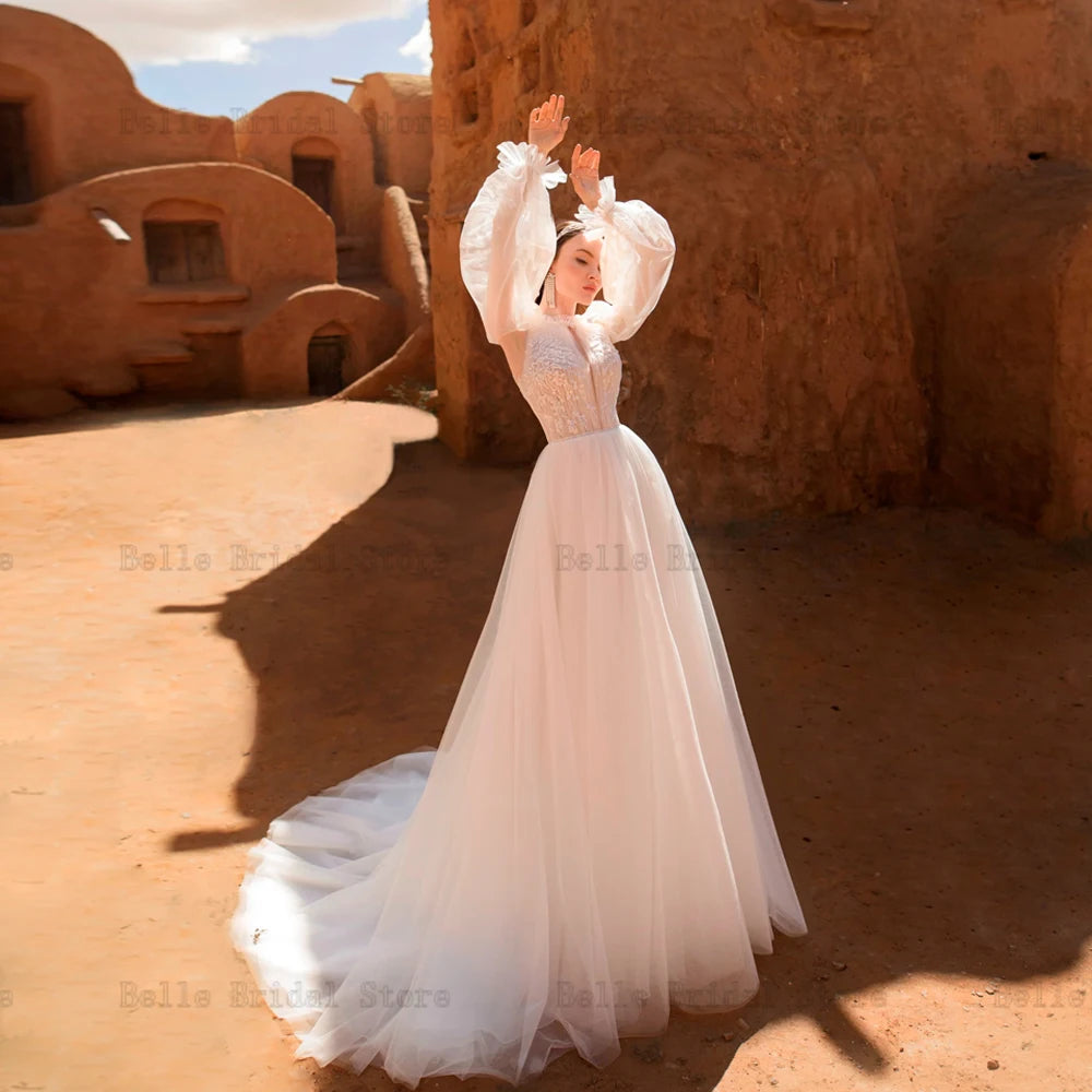 Elegantes vestidos de novia de cuello alto con mangas largas extraíbles vestidos de novia apliques vestidos de trenes de barrido de línea de lentejuelas de novia