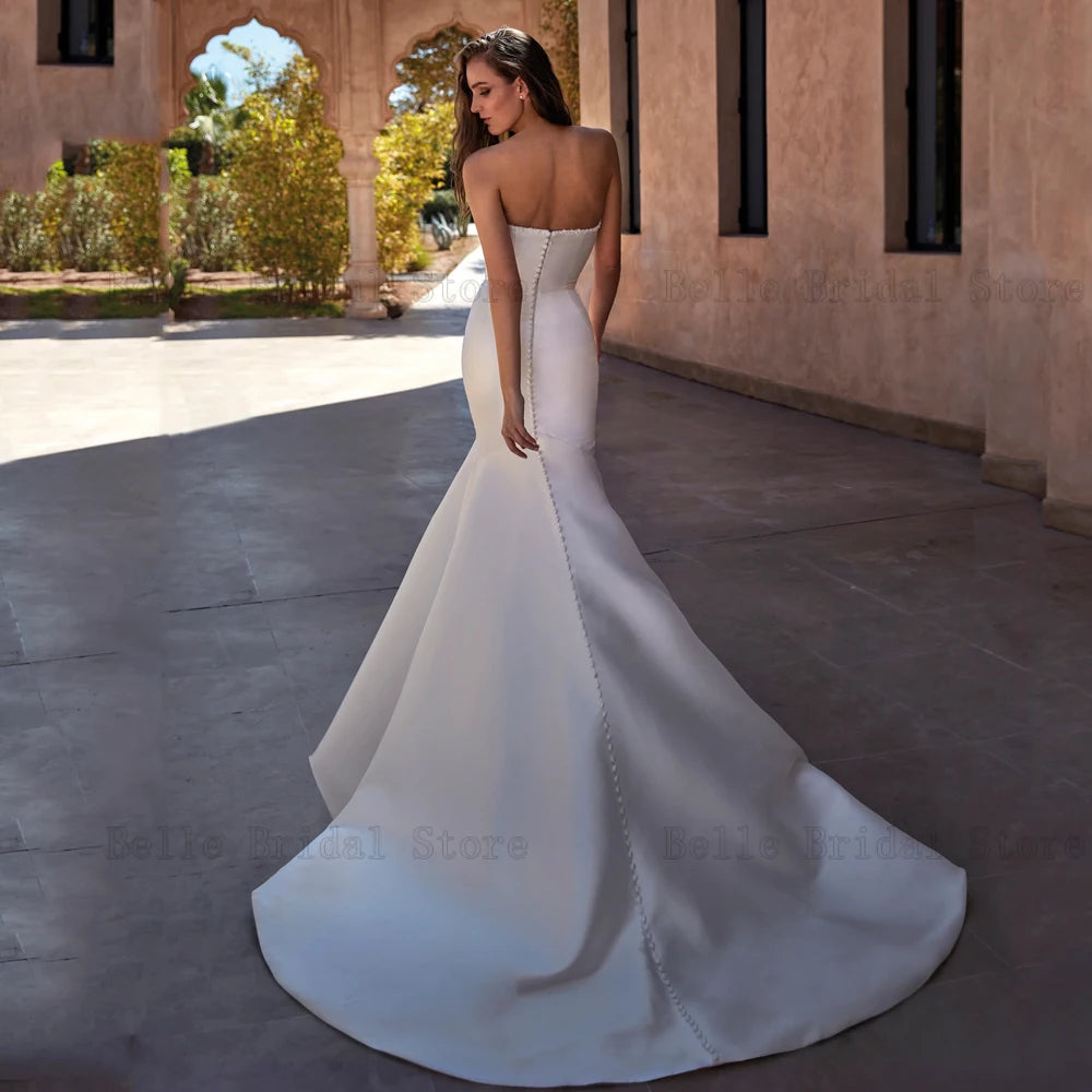 Elegant Mermaid Wedding Dresses Strapless Sleeveless Bridal Gowns Beadings Back Button Floor Length Satin Vestidos De Novia 2024