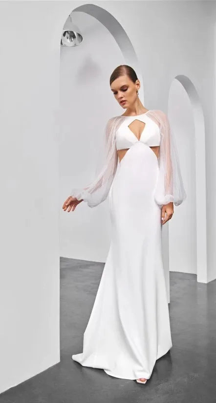 2023 Nuevas mangas de hojaldre sexy Long Puff Vestidos de boda cortados en busca de busto y espalda Mermaid Grown Rode de Morrie