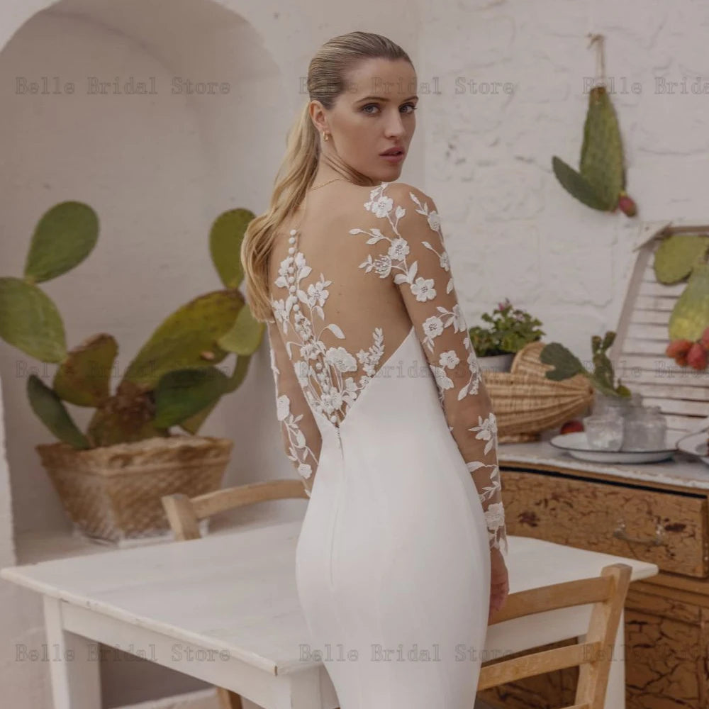 Elegante Meerjungfrau Brautkleider Herzförmiger Ausschnitt Lange Ärmel Brautkleider Appliques Bodenlangen Weiß Vestidos De Novia 2023