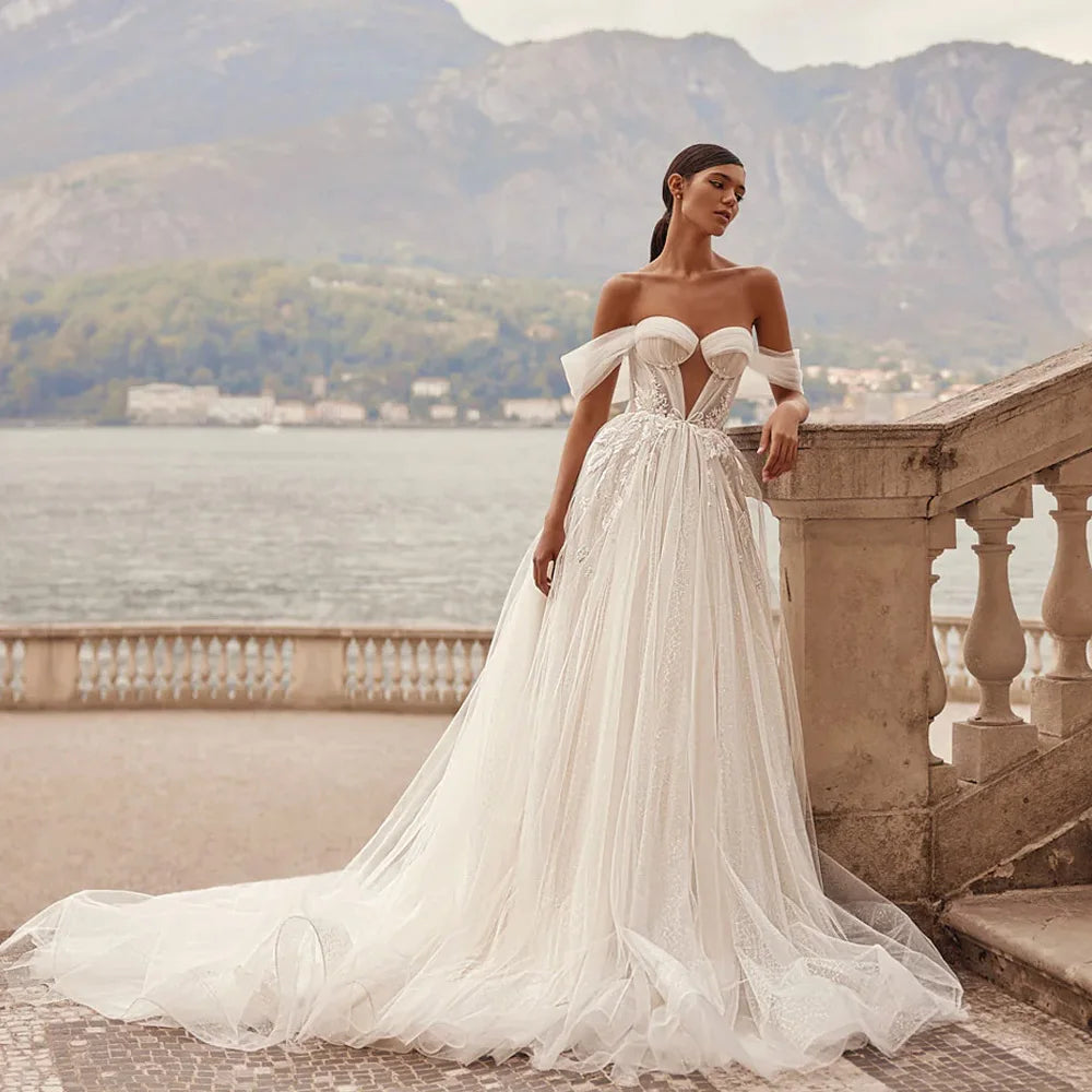 Sexy Wedding Dresses Off Shoulder Sleeveless Bridal Gowns Appliques Beads Back Lace Up Sweep Train A-Line Vestidos De Novia 2023