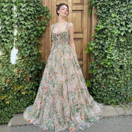 Charming Garden Prom Gowns Lace Evening Dresses Flowers Birthday Party Dress Sweetheart with Straps Robe de Soiree Sleeveless