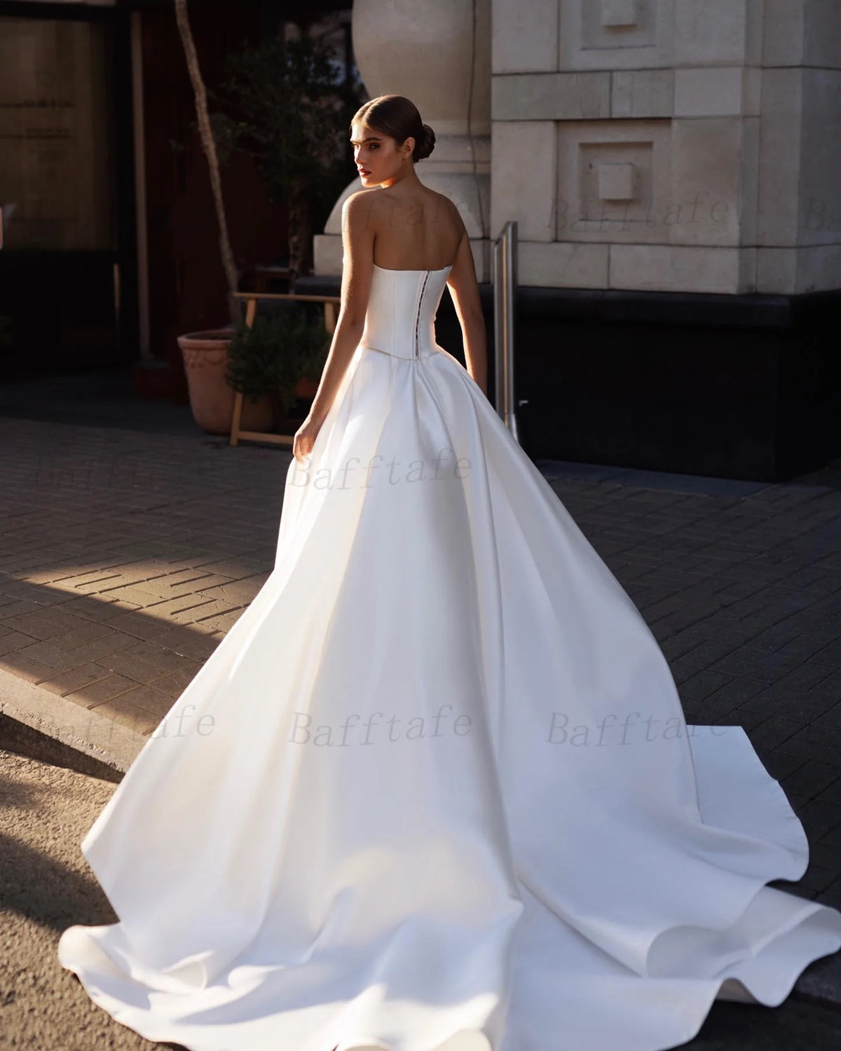 Bafftafe A Line Soft Satin Long Wedding Gowns 2 Pieces Pearls High Split Formal Bridal Dress Court Train Women Wedding Dresses