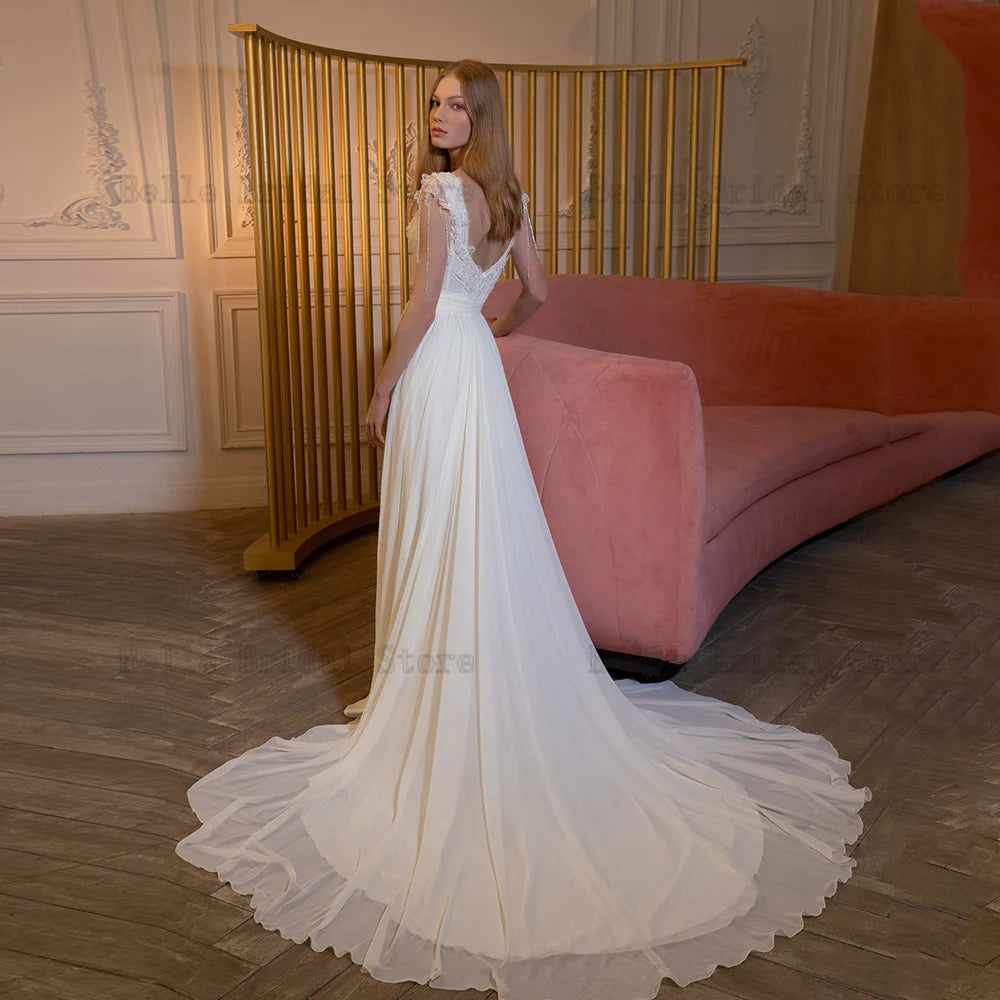 Elegant Chiffon Wedding Dresses V Neck Cap Sleeves Bridal Gowns Flowers Beads Back Zipper Sweep Train A-Line Vestidos De Novia