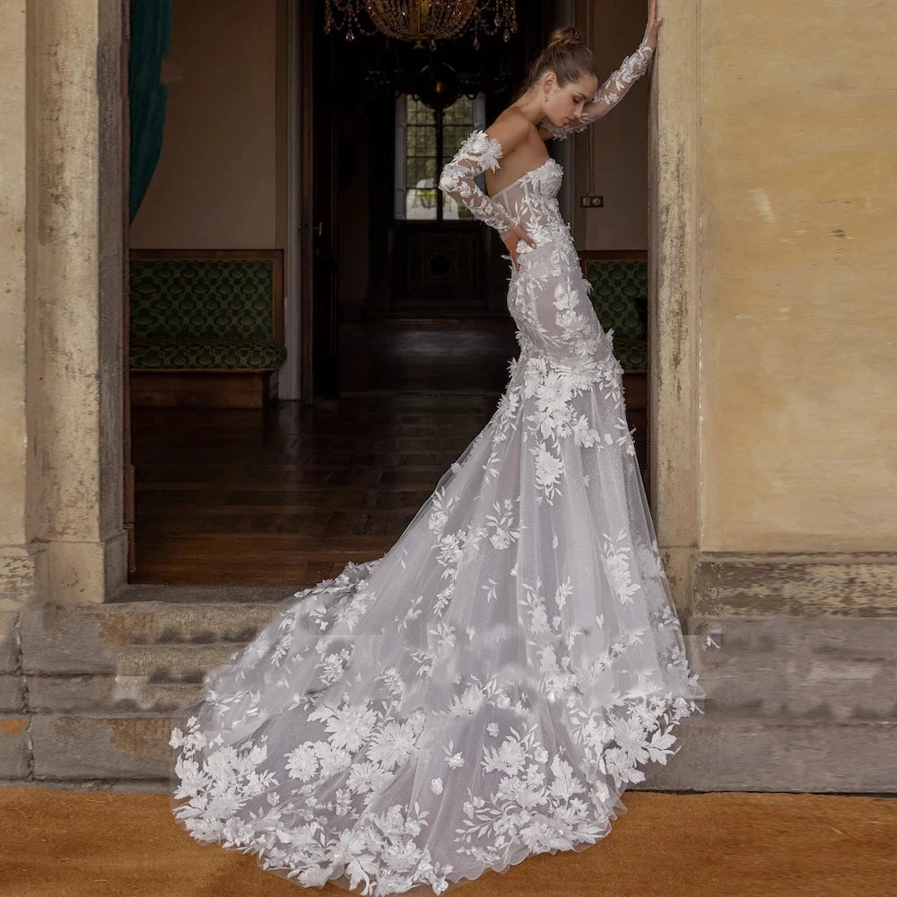 Merma de la sirenita/trompeta del vestido de novia de la sirena de la novia Flores de manga larga sin tirantes Appliques