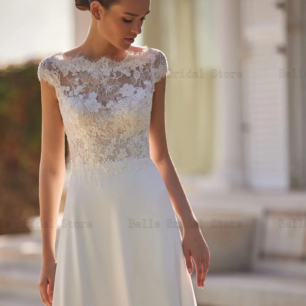 Eleganti abiti da sposa o maniche per cappuccio per collo abiti da sposa Applique Pulsante di spalla Lunghezza pavimento a pavimento a-line Vestidos de noni 2024