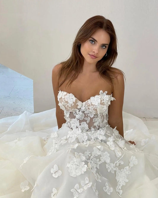 Modern Sweetheart 3D Flower Tulle A Line Wedding Dresses Boho Beach Formal Brial Grown  vestido de noiva