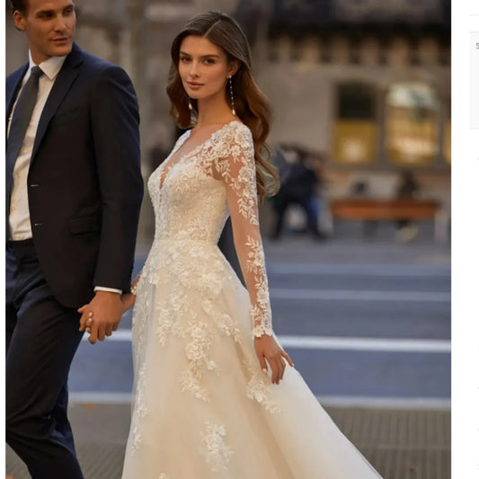 A-Line Wedding Dresses For Women V Neck Long Sleeves Bridal Gowns Appliques Button Back Bride Dress Vestido De Novia