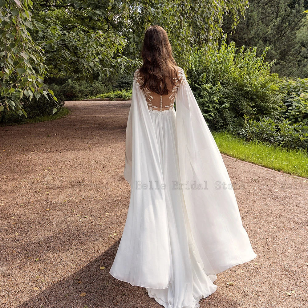 Sexy A-Linie Brautkleider Rundhals Kurzarm Chiffon Brautkleider Applikationen Zurück Schnürung Bodenlang Vestidos De Novia