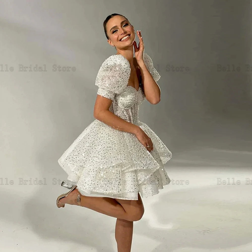 Glitter Short Wedding Dresses Sweetheart Neck Short Puff Sleeves Bridal Growns Sequin Pearls Above Knee A-line Vestidos De Novia