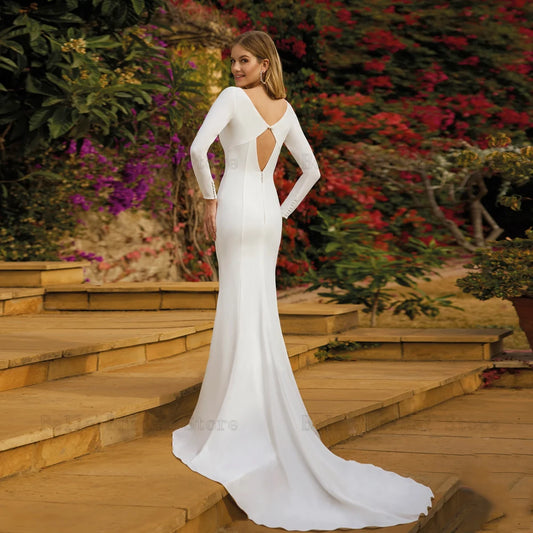 Simple Mermaid Wedding Dresses Jersey Neck Long Sleeves Bridal Gowns Backless Floor Length Jersey Vestidos De Novia 2024
