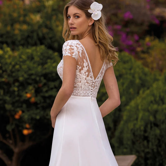 Classic Wedding Dresses V Neck Short Sleeves Bridal Gowns Lace Appliques Illusion Floor Length A-Line Vestidos De Novia 2024